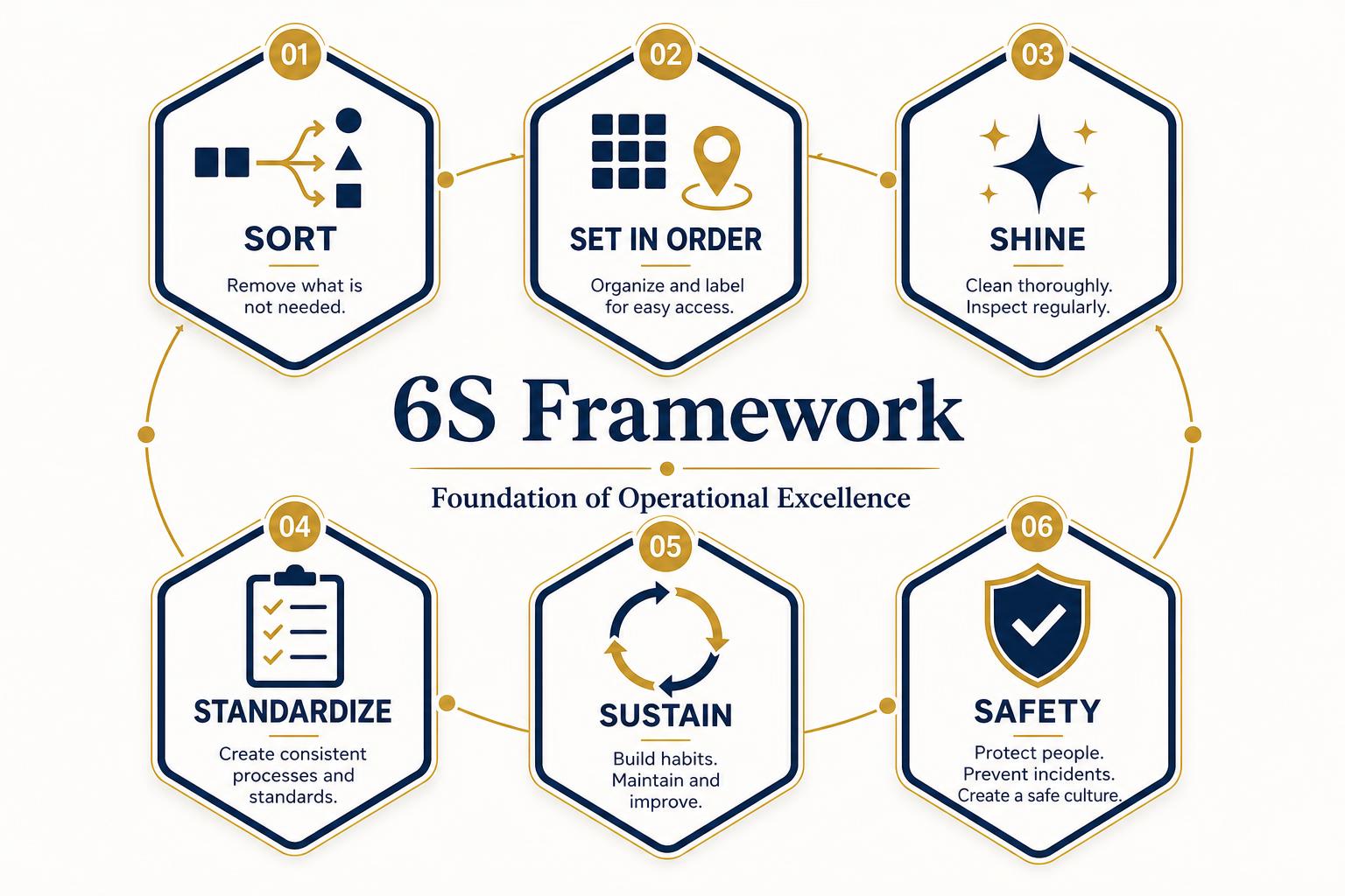 6S Framework infographic — Sort, Set in Order, Shine, Standardize, Sustain, Safety