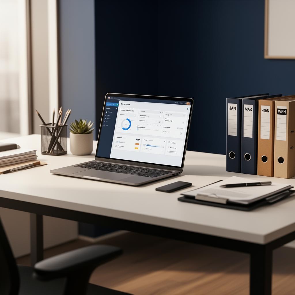 Digital 5S workspace with organized files, clean dashboards, and labeled digital tools