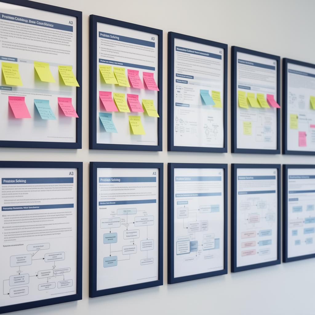 Wall of A3 problem-solving sheets