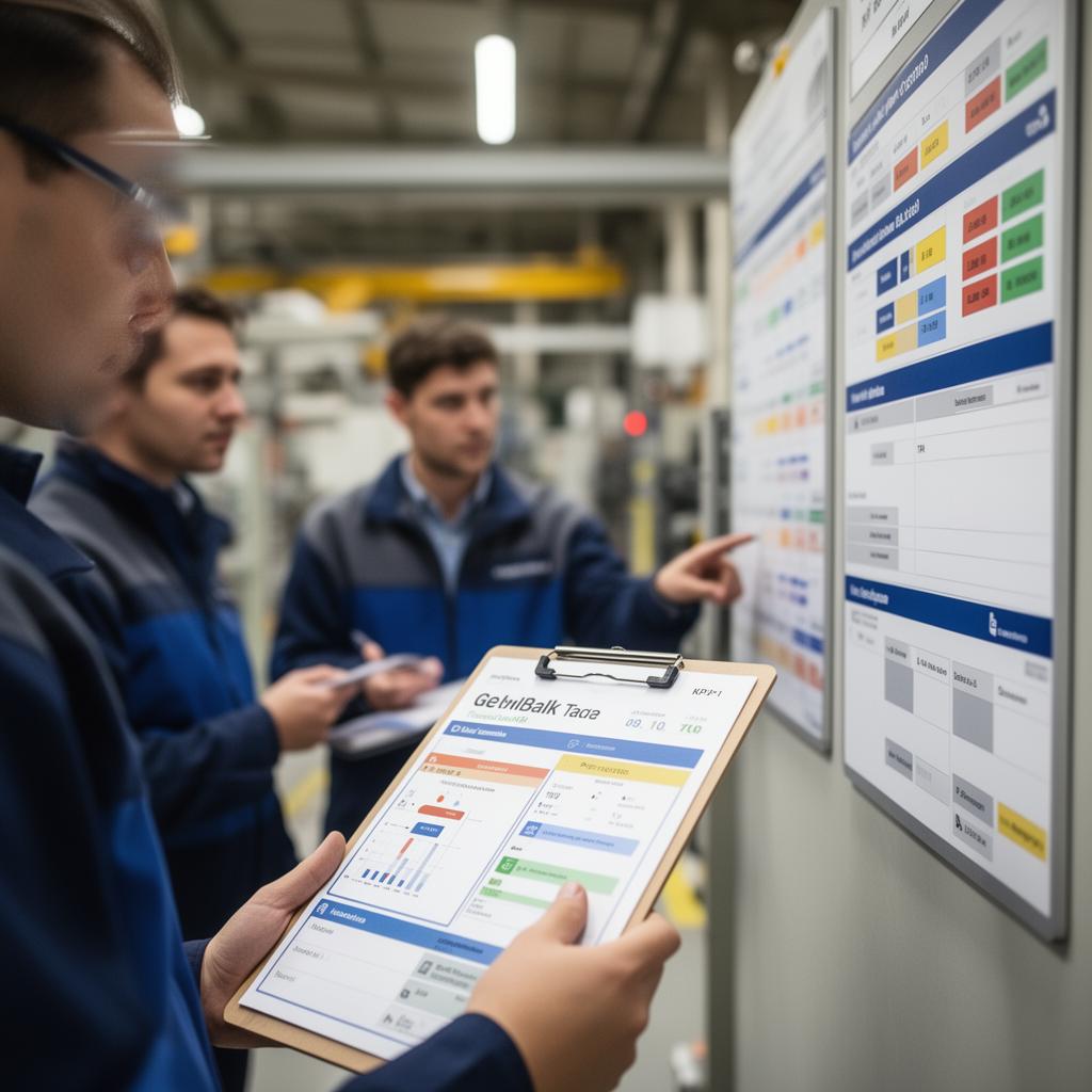 Leaders reviewing KPIs on a shop-floor tier board