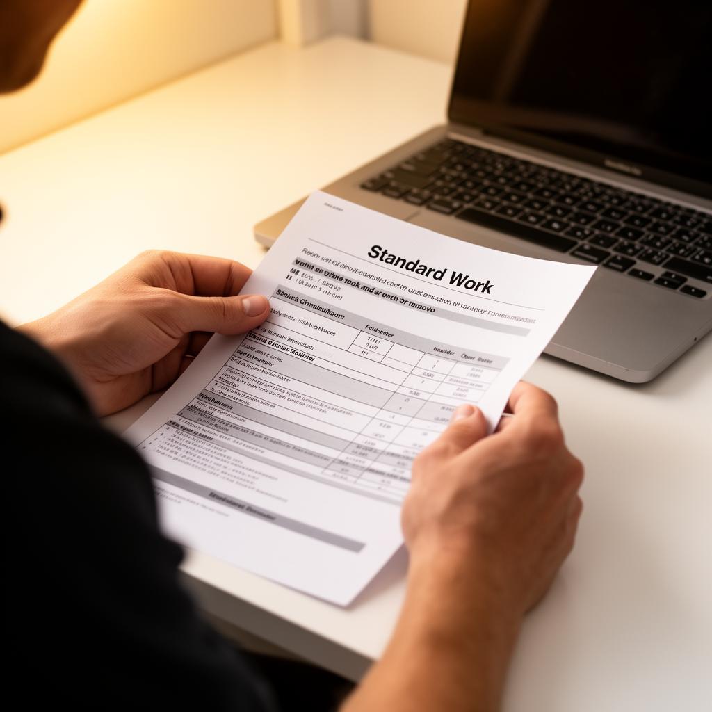 Hands holding a printed standard work document next to a laptop
