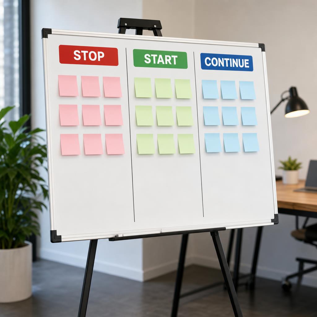 Weekly Stop-Start-Continue retrospective board with three columns